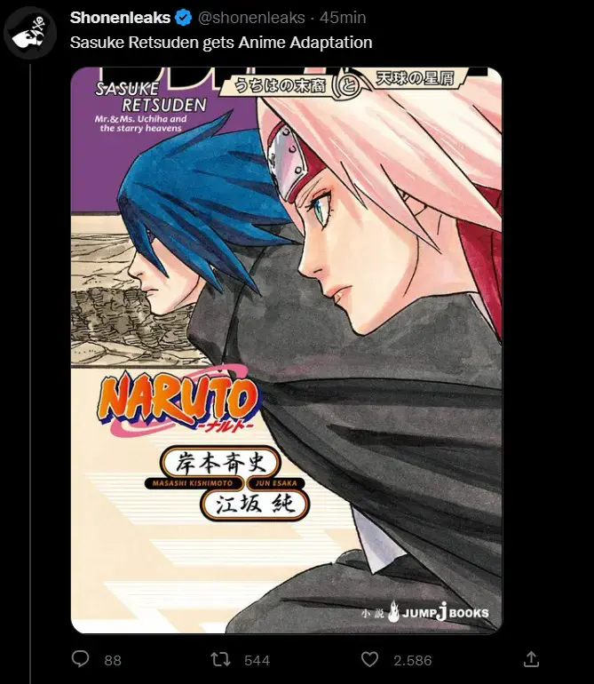 Sasuke Retsuden, le nouvel anime Naruto mettant en scène Sasuke et Sakura, sortira en janvier 2023. 3 sasuke retsuden tuit.jpg
